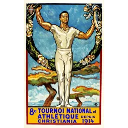 Affiche 8e Tournoi National Athlétique Christiania Oslo 1914 Kristian Petersen athlète couronne lauriers Norvège