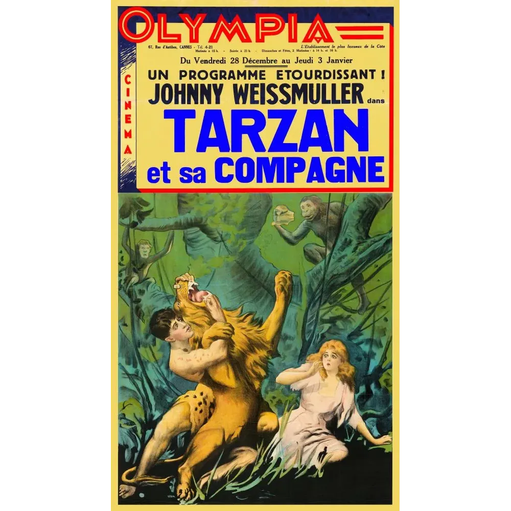 Affiche cinéma Tarzan et sa Compagne Johnny Weissmuller Olympia Cannes 1934 combat lion jungle Jane Affiche cinéma Tarzan et sa Compagne Johnny Weissmuller Olympia Cannes 1934 combat lion jungle Jane