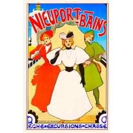 Affiche touristique Nieuport-Bains 1895 Crespin Duyck trois élégantes digue phare côte belge Art Nouveau
