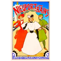 Affiche touristique Nieuport-Bains 1895 Crespin Duyck trois élégantes digue phare côte belge Art Nouveau
