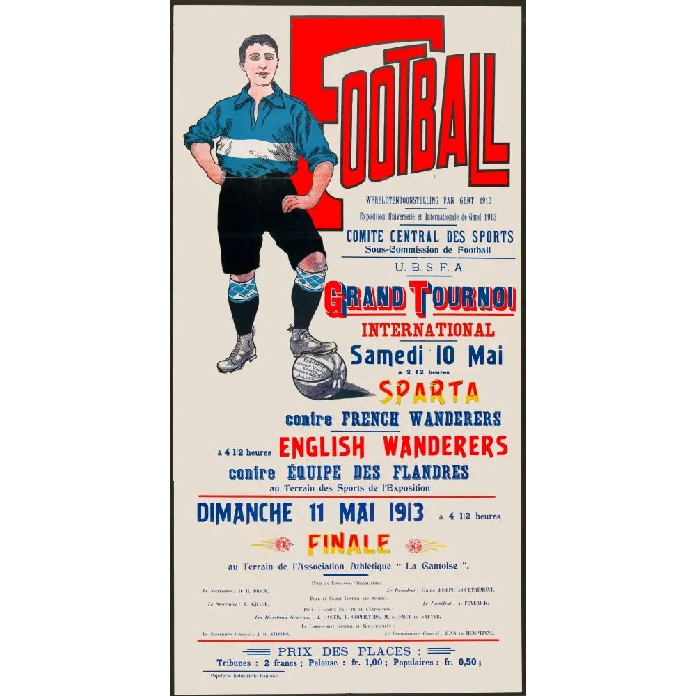 Affiche tournoi international football Exposition Universelle Gand 1913 Sparta Wanderers Flandres finale