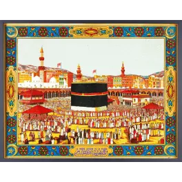 Lithographie orientaliste Prière autour de la Kaaba La Mecque pèlerins hajj tawaf minarets décor islamique