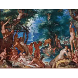 Peinture L'Âge d'Or Joachim Wtewael 1605 Utrecht maniérisme néerlandais Ovide figures nues fruits paysage boisé