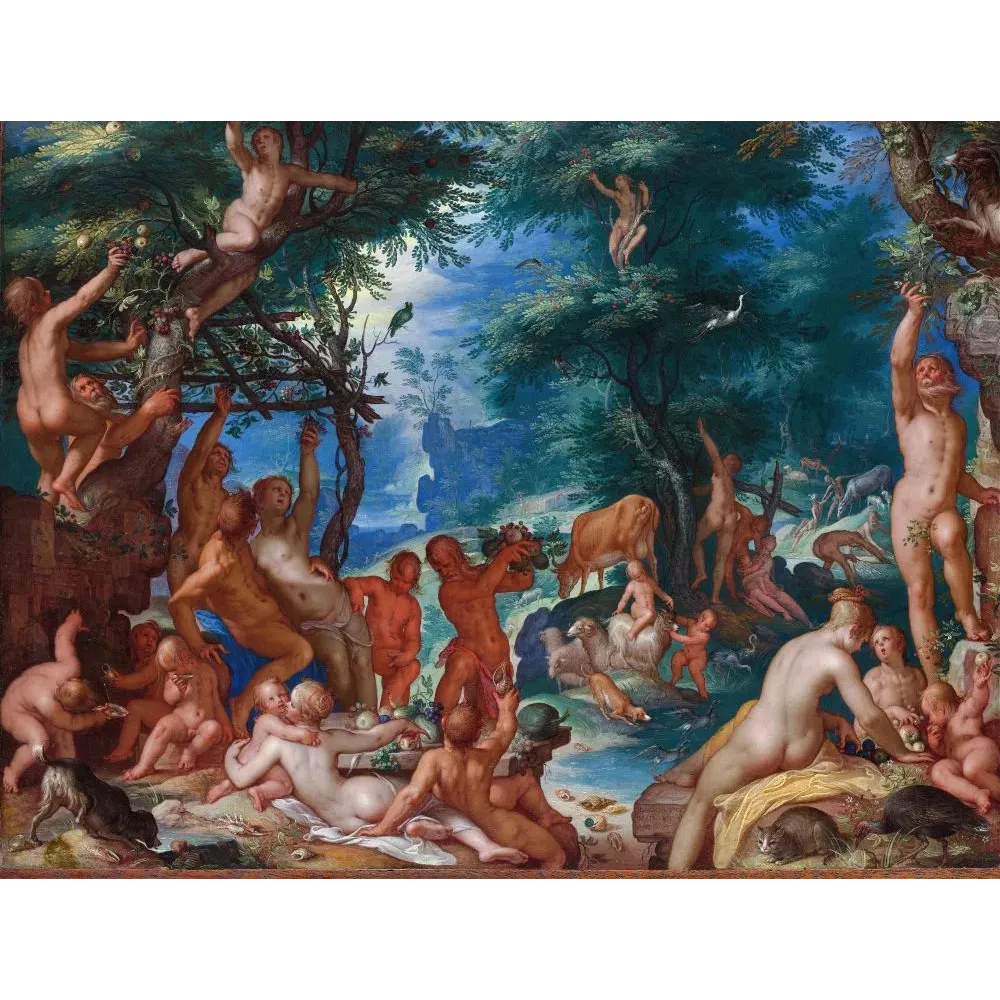 Peinture L'Âge d'Or Joachim Wtewael 1605 Utrecht maniérisme néerlandais Ovide figures nues fruits paysage boisé Peinture L'Âge d'Or Joachim Wtewael 1605 Utrecht maniérisme néerlandais Ovide figures nues fruits paysage boisé