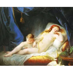 Peinture Vénus Endormie Jean-Baptiste Regnault néoclassique français Éros colombes lit drapé bleu