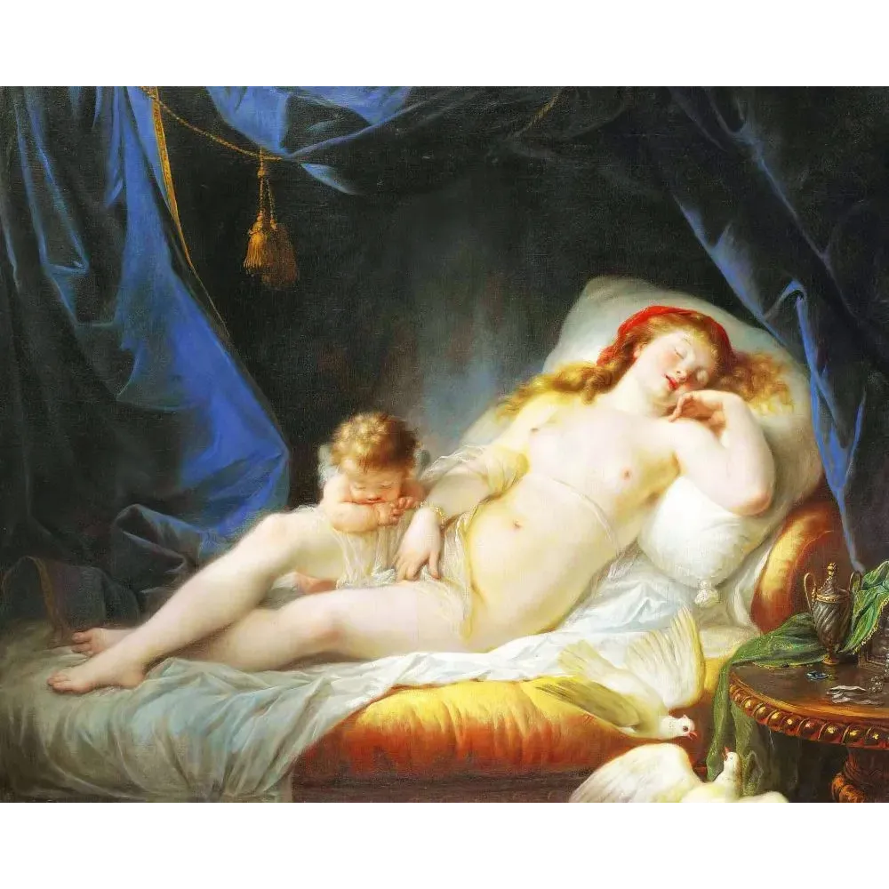 Peinture Vénus Endormie Jean-Baptiste Regnault néoclassique français Éros colombes lit drapé bleu Peinture Vénus Endormie Jean-Baptiste Regnault néoclassique français Éros colombes lit drapé bleu