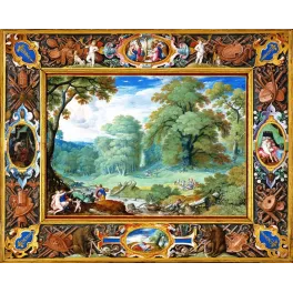 Peinture Vénus et Adonis Hans Bol paysage maniériste flamand forêt médaillons chasse cadre orné mythologique