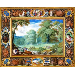 Peinture Vénus et Adonis Hans Bol paysage maniériste flamand forêt médaillons chasse cadre orné mythologique