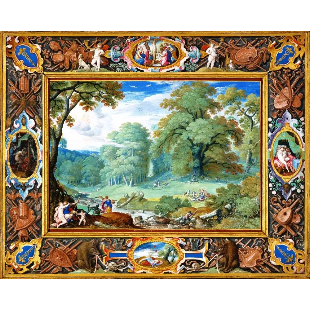 Peinture Vénus et Adonis Hans Bol paysage maniériste flamand forêt médaillons chasse cadre orné mythologique Peinture Vénus et Adonis Hans Bol paysage maniériste flamand forêt médaillons chasse cadre orné mythologique