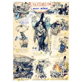 Caricature Sanatorium des Airs Georges Tiret-Bognet plume lavis coloré 9 vignettes médecine burlesque aéronef