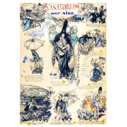 Caricature Sanatorium des Airs Georges Tiret-Bognet plume lavis coloré 9 vignettes médecine burlesque aéronef