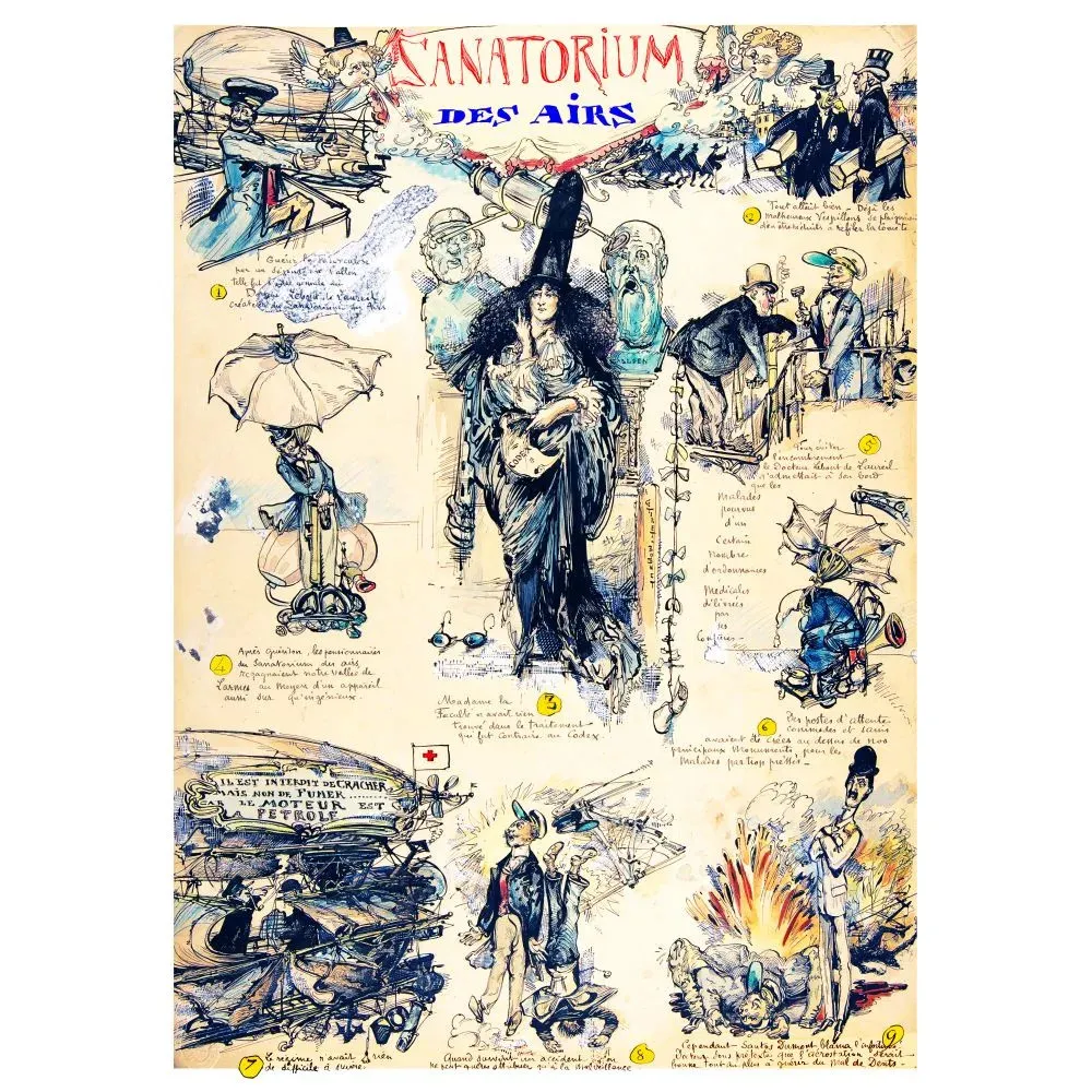 Caricature Sanatorium des Airs Georges Tiret-Bognet plume lavis coloré 9 vignettes médecine burlesque aéronef