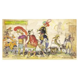 Caricature Bus de l'Enfer Paix 1919 Tiret-Bognet Louis XIV César Alexandre Robespierre Styx station Neuilly