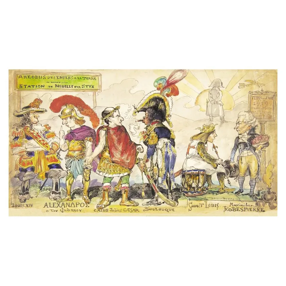 Caricature Bus de l'Enfer Paix 1919 Tiret-Bognet Louis XIV César Alexandre Robespierre Styx station Neuilly Caricature Bus de l'Enfer Paix 1919 Tiret-Bognet Louis XIV César Alexandre Robespierre Styx station Neuilly