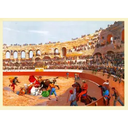 Lithographie corrida arènes de Nîmes XIXe taureau torero picador cheval amphithéâtre romain gradins