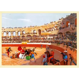 Lithographie corrida arènes de Nîmes XIXe taureau torero picador cheval amphithéâtre romain gradins