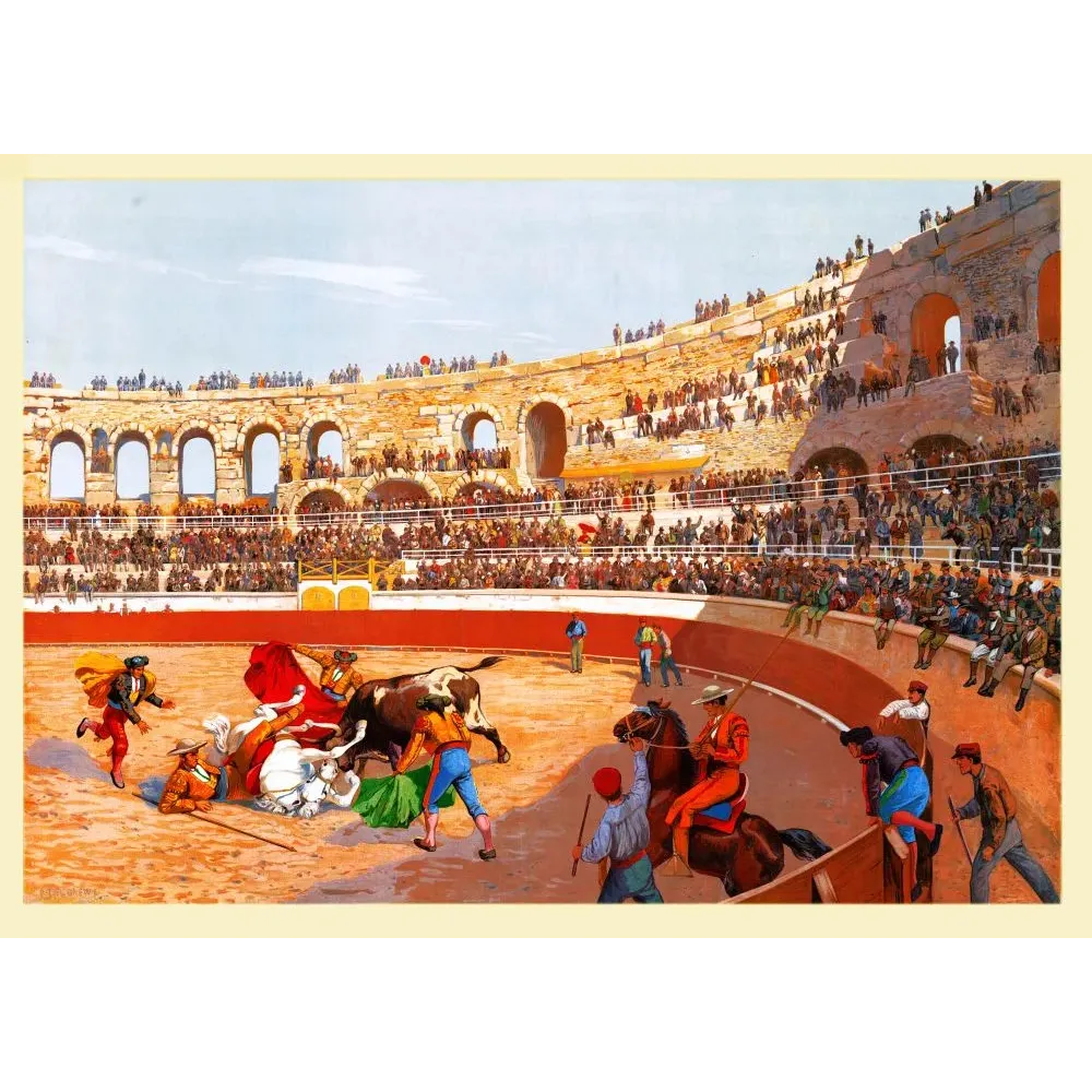 Lithographie corrida arènes de Nîmes XIXe taureau torero picador cheval amphithéâtre romain gradins Lithographie corrida arènes de Nîmes XIXe taureau torero picador cheval amphithéâtre romain gradins
