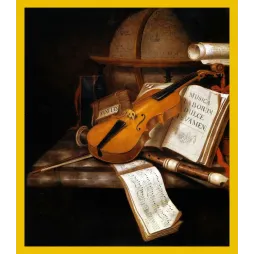 Nature morte Vanitas Edwaert Collier violon flûte partition globe terrestre marbre Vanitas âge d'or hollandais