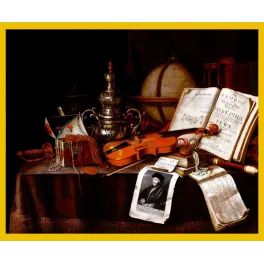 Nature morte Vanitas Edwaert Collier violon Josèphe Érasme globe perles sablier table drapée hollandais