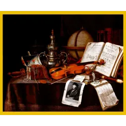 Nature morte Vanitas Edwaert Collier violon Josèphe Érasme globe perles sablier table drapée hollandais