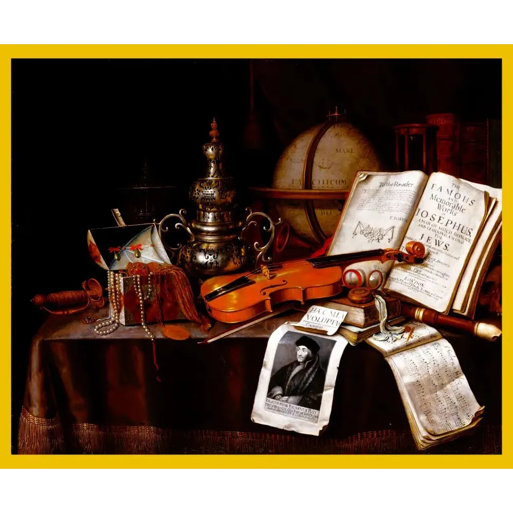 Nature morte Vanitas Edwaert Collier violon Josèphe Érasme globe perles sablier table drapée hollandais Nature morte Vanitas Edwaert Collier violon Josèphe Érasme globe perles sablier table drapée hollandais