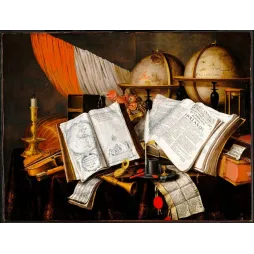 Nature morte Vanitas Edwaert Collier 1662 globes céleste terrestre documents Hollande navigation violon chandelle