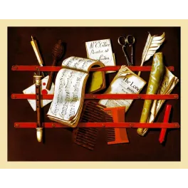 Trompe-l'œil porte-lettres Edwaert Collier 1698 partitions London publisher plume ciseaux peignes rubans rouges