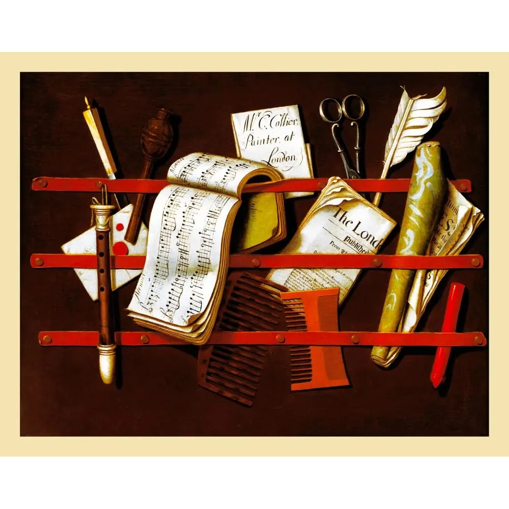 Trompe-l'œil porte-lettres Edwaert Collier 1698 partitions London publisher plume ciseaux peignes rubans rouges Trompe-l'œil porte-lettres Edwaert Collier 1698 partitions London publisher plume ciseaux peignes rubans rouges