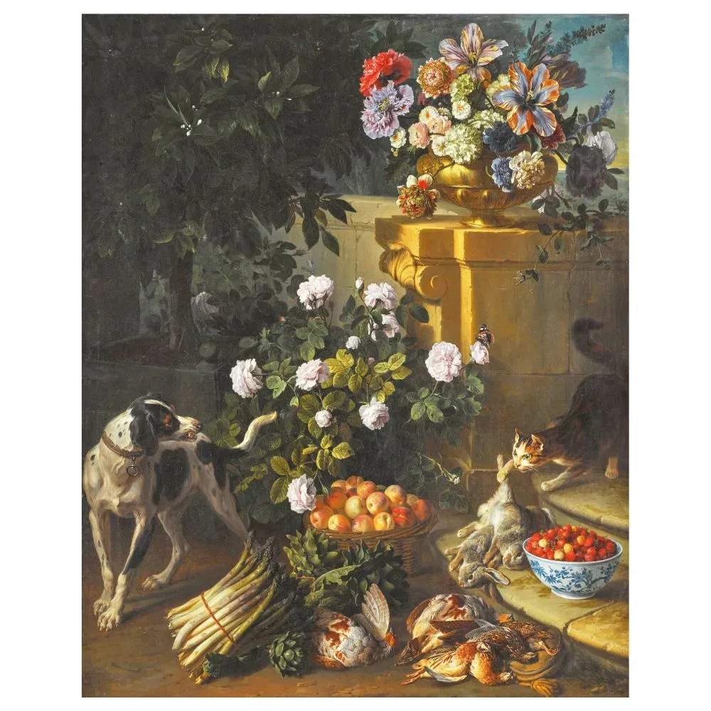 Nature morte fruits gibier chien chat Desportes XVIIIe bouquet floral asperges fraises lapin chasse jardin Nature morte fruits gibier chien chat Desportes XVIIIe bouquet floral asperges fraises lapin chasse jardin
