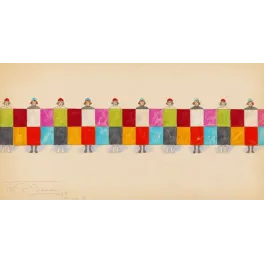 Esquisse costume revue musicale Will R. Barnes Broadway danseuses panneau géométrique carrés colorés rouge vert