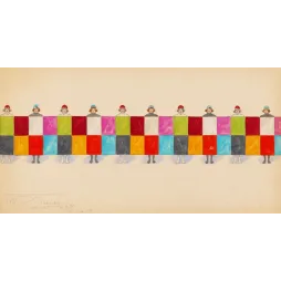 Esquisse costume revue musicale Will R. Barnes Broadway danseuses panneau géométrique carrés colorés rouge vert