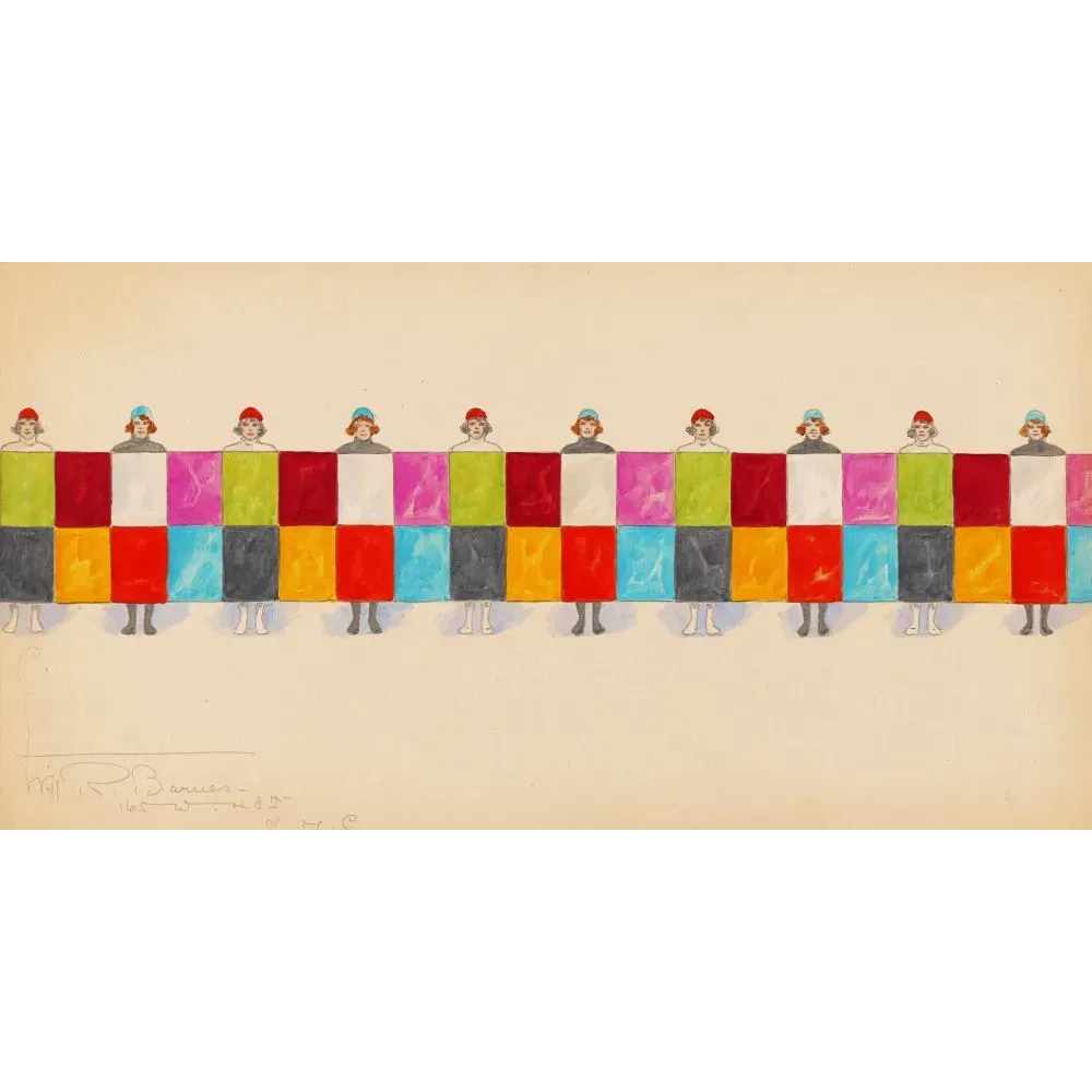 Esquisse costume revue musicale Will R. Barnes Broadway danseuses panneau géométrique carrés colorés rouge vert Esquisse costume revue musicale Will R. Barnes Broadway danseuses panneau géométrique carrés colorés rouge vert