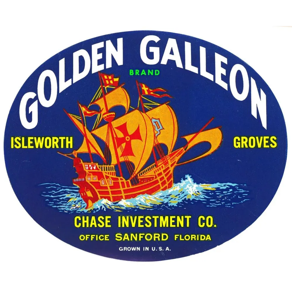 Étiquette caisse agrumes Golden Galleon Isleworth Groves Chase Investment Sanford Florida 1930 galion espagnol fond bleu