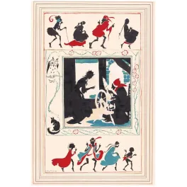 Illustration Belle au Bois Dormant Arthur Rackham 1920 silhouettes noires rouge bleu rouet personnages dansants