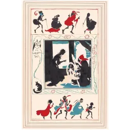 Illustration Belle au Bois Dormant Arthur Rackham 1920 silhouettes noires rouge bleu rouet personnages dansants