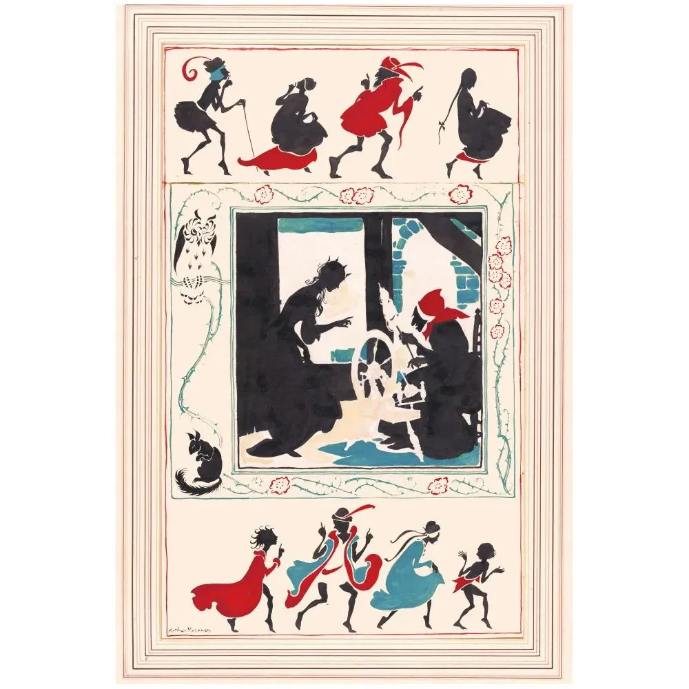 Illustration Belle au Bois Dormant Arthur Rackham 1920 silhouettes noires rouge bleu rouet personnages dansants Illustration Belle au Bois Dormant Arthur Rackham 1920 silhouettes noires rouge bleu rouet personnages dansants