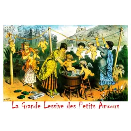 Chromolithographie La Grande Lessive des Petits Amours Opper 1883 Puck femmes putti savon corde à linge