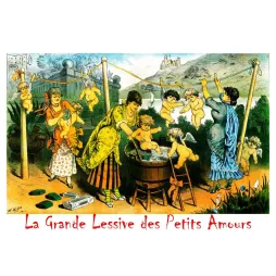 Chromolithographie La Grande Lessive des Petits Amours Opper 1883 Puck femmes putti savon corde à linge