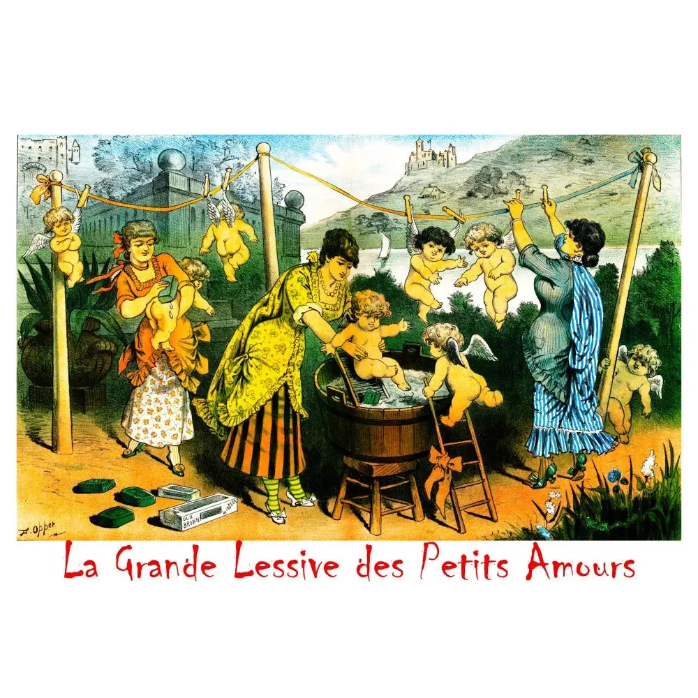 Chromolithographie La Grande Lessive des Petits Amours Opper 1883 Puck femmes putti savon corde à linge Chromolithographie La Grande Lessive des Petits Amours Opper 1883 Puck femmes putti savon corde à linge