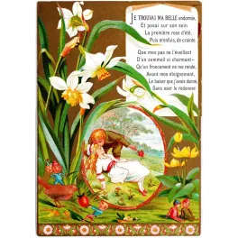 Carte Saint-Valentin Kate Greenaway 1874 Marcus Ward narcisses elfes médaillon romantique poème français