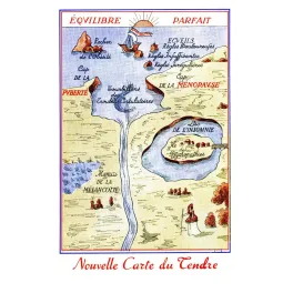 Nouvelle Carte du Tendre Gyno-Gouttes carte allégorique santé féminine Ménopause Mélancolie Insomnie Puberté