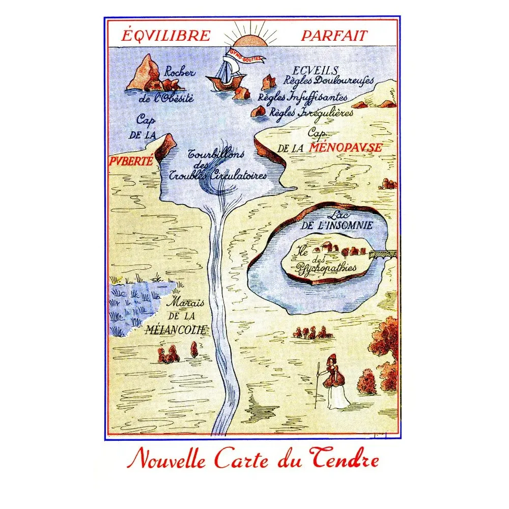 Nouvelle Carte du Tendre Gyno-Gouttes carte allégorique santé féminine Ménopause Mélancolie Insomnie Puberté Nouvelle Carte du Tendre Gyno-Gouttes carte allégorique santé féminine Ménopause Mélancolie Insomnie Puberté