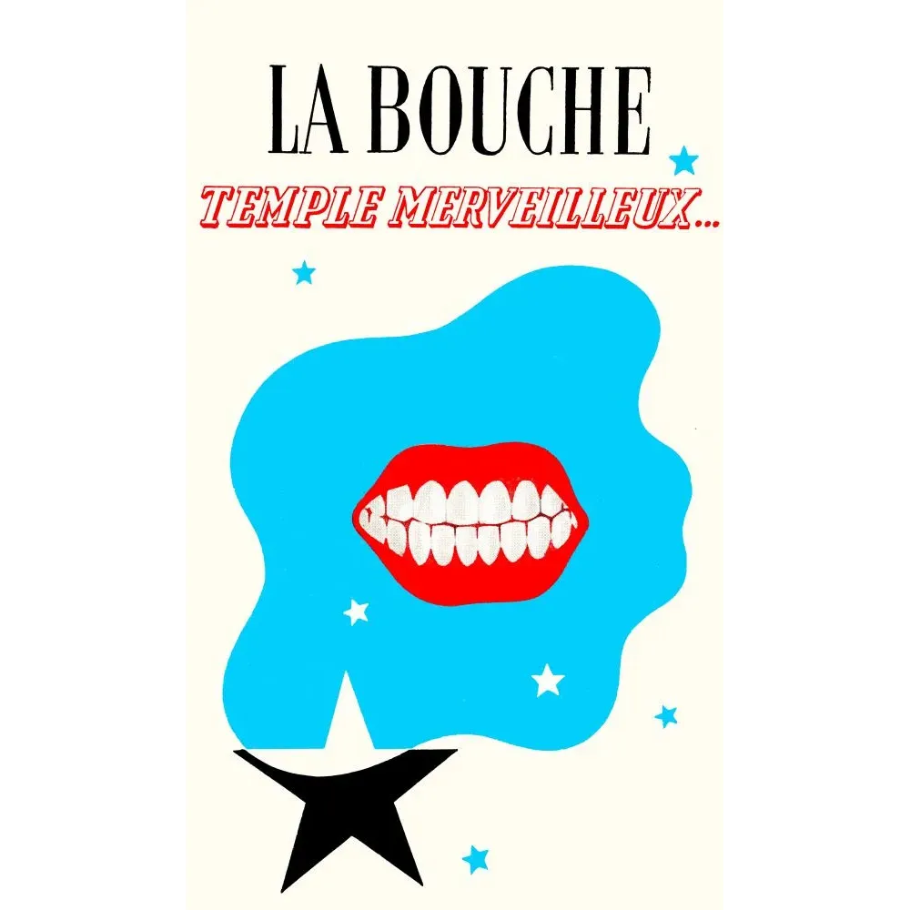 Affiche dentaire La Bouche Temple Merveilleux bouche rouge lèvres dents blanches fond bleu étoiles pop art Affiche dentaire La Bouche Temple Merveilleux bouche rouge lèvres dents blanches fond bleu étoiles pop art