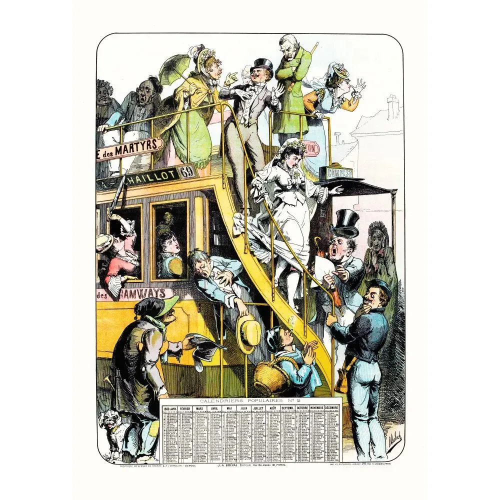 Calendrier populaire 1880 Moloch noce en tramways Paris impériale Chaillot mariée chaos caricature Calendrier populaire 1880 Moloch noce en tramways Paris impériale Chaillot mariée chaos caricature