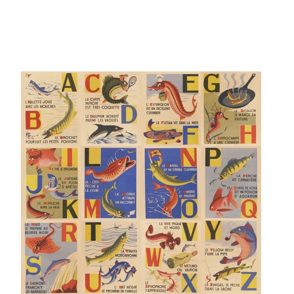 Abécédaire ABC alphabet poissons Maurice Lorrain 1944 lettres créatures marines illustrations couleurs primaires