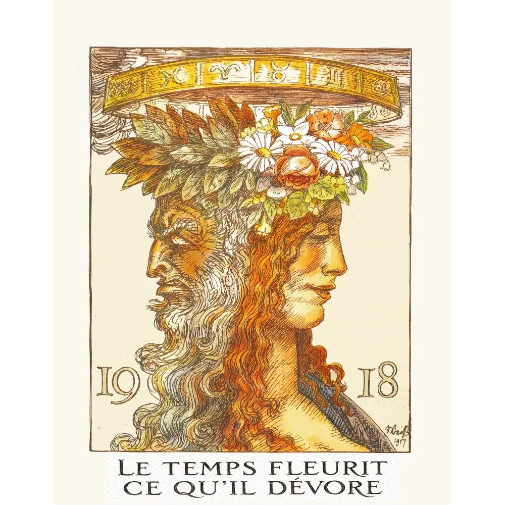 Illustration Janus 1917-1918 Emil Rudolf Weiss deux visages couronne fleurs zodiaque Victor Hugo calendrier Illustration Janus 1917-1918 Emil Rudolf Weiss deux visages couronne fleurs zodiaque Victor Hugo calendrier