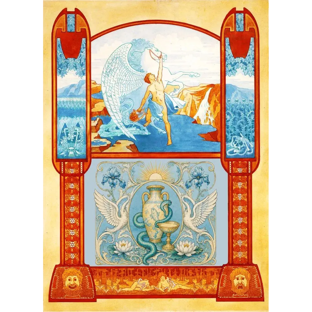 Illustration Art Nouveau Apollon Pégase lyre cygnes serpent vase mythologie grecque encadrement ornemental Illustration Art Nouveau Apollon Pégase lyre cygnes serpent vase mythologie grecque encadrement ornemental