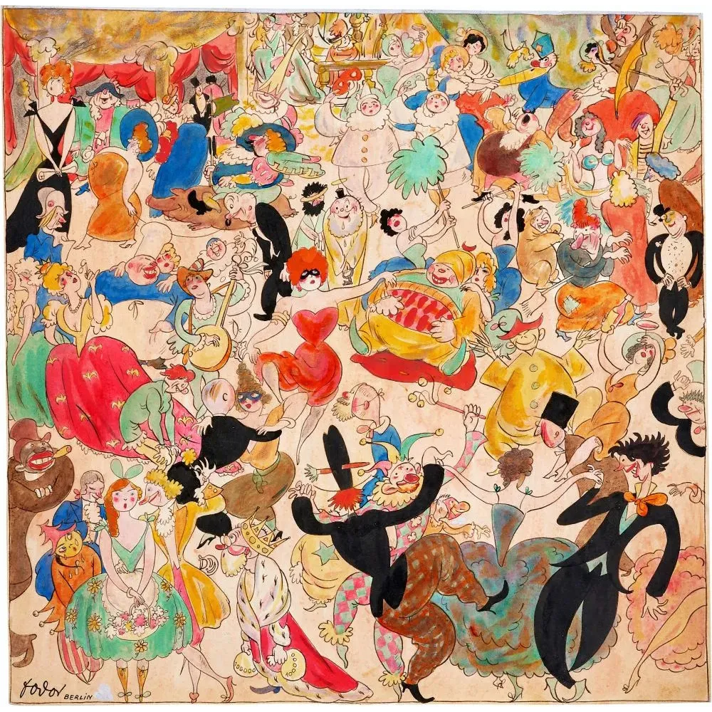 Aquarelle bal masqué carnaval Berlin Fodon Pierrot Arlequin clowns danseuses couleurs expressionnisme Weimar Aquarelle bal masqué carnaval Berlin Fodon Pierrot Arlequin clowns danseuses couleurs expressionnisme Weimar