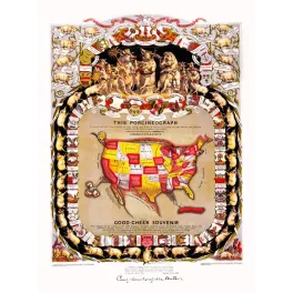 Carte satirique Porcineograph États-Unis William Baker 1876 cochon géant sceaux États centenaire Bunker Hill
