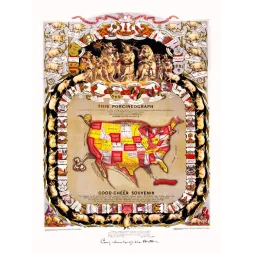 Carte satirique Porcineograph États-Unis William Baker 1876 cochon géant sceaux États centenaire Bunker Hill